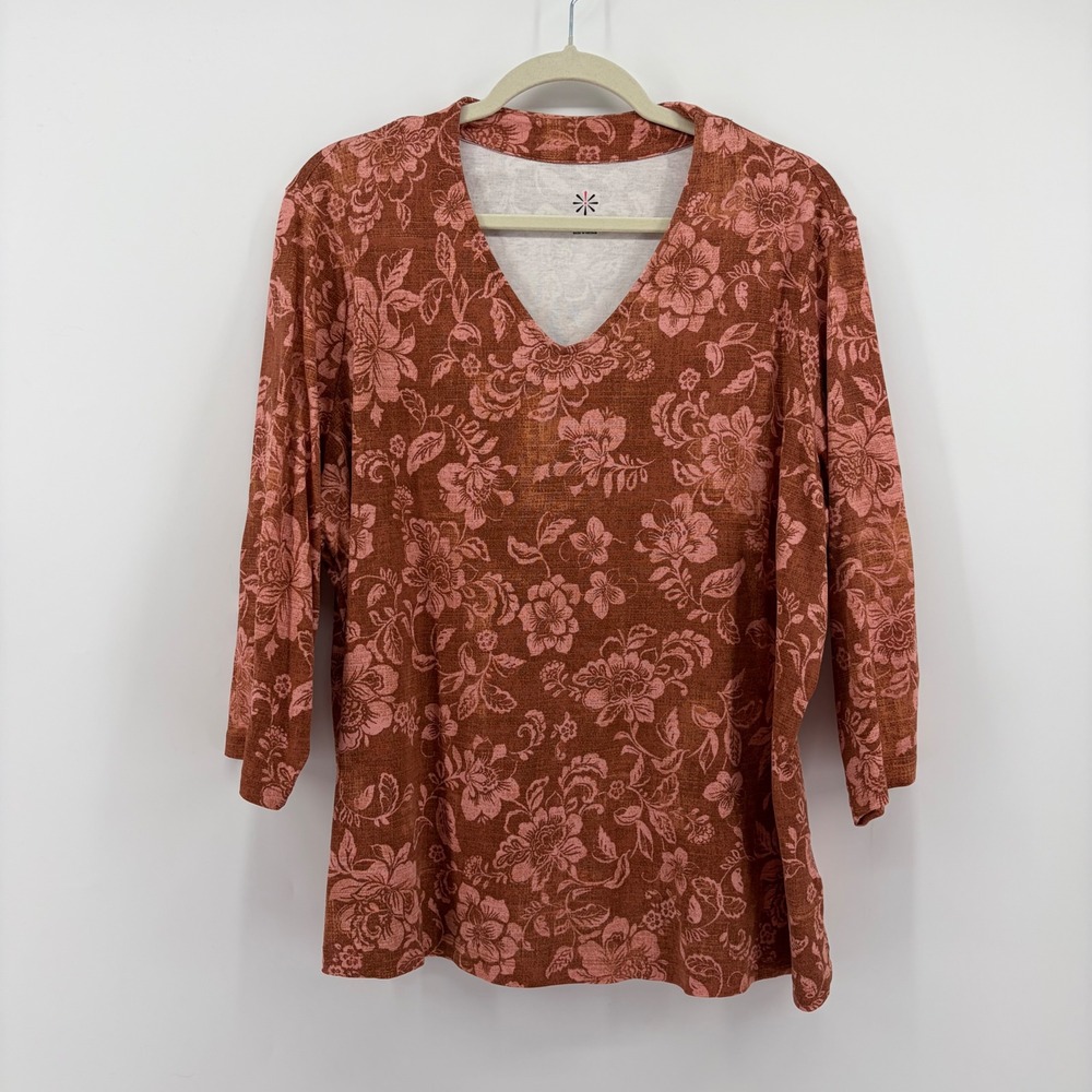 Isaac Mizrahi Womens 2X Terracotta Floral V-Neck 3/4 Sleeve Pima Cotton Top